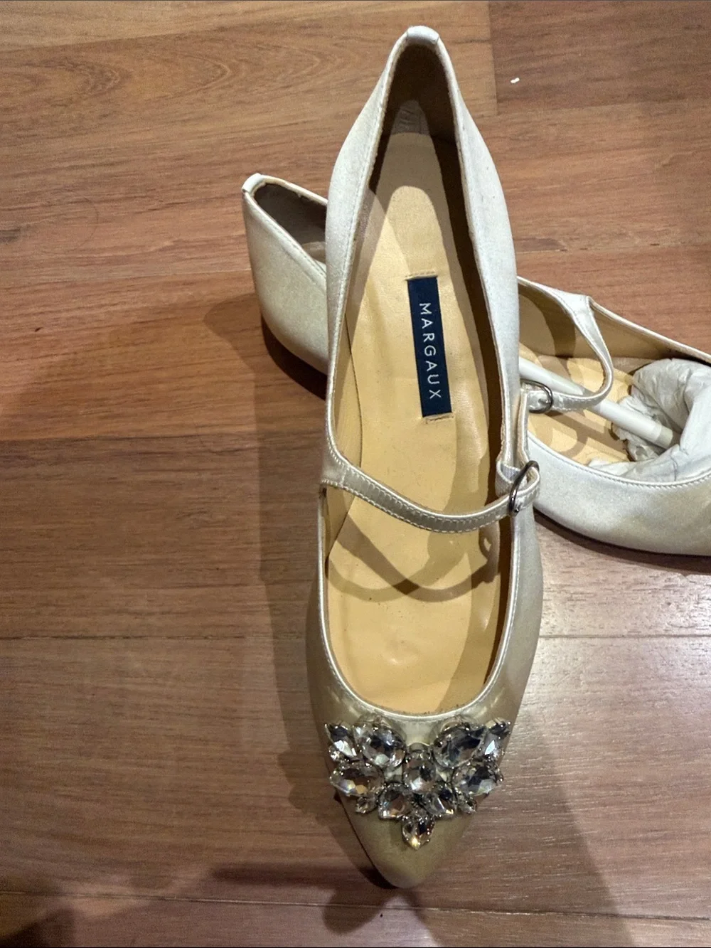 Margaux Wedding white satin flat with rhinestone embellishment. Never worn!